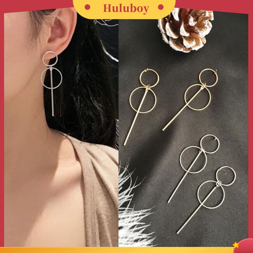 Hu Hu Hu Hu Hu Alat Bantu Pasang Kacamata♡ Anting Stud Tassel Panjang Bentuk Lingkaran Ganda Geometris Bahan Alloy Untuk Wanita