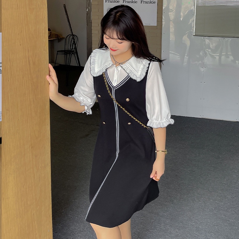#Sisjuly# Wanita Plus Ukuran Boneka Kerah Chiffon Jahitan Gaun2022Musim Panas LemakmmTampak Awet Muda Longgar