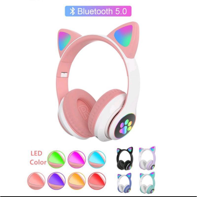 HEADSET BANDO CAT EAR HEADPHONE STN-28 BLUETOOTH LED WIRELESS STEREO BASS