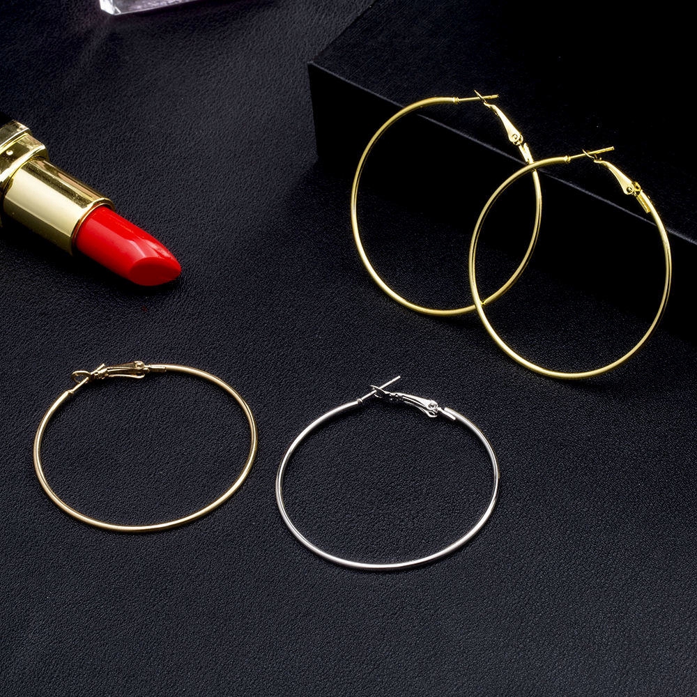 6 Pasang / Set Anting Bulat Besar Minimalis Warna Gold / Silver untuk Wanita