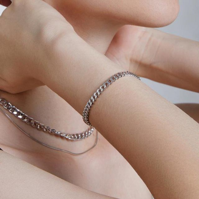 Gelang Rantai Pria Lebar 4mm Stainless Stel Curb Cuban Link Chain Bracelets Untuk Wanita Unisex Perhiasan Pergelangan Tangan