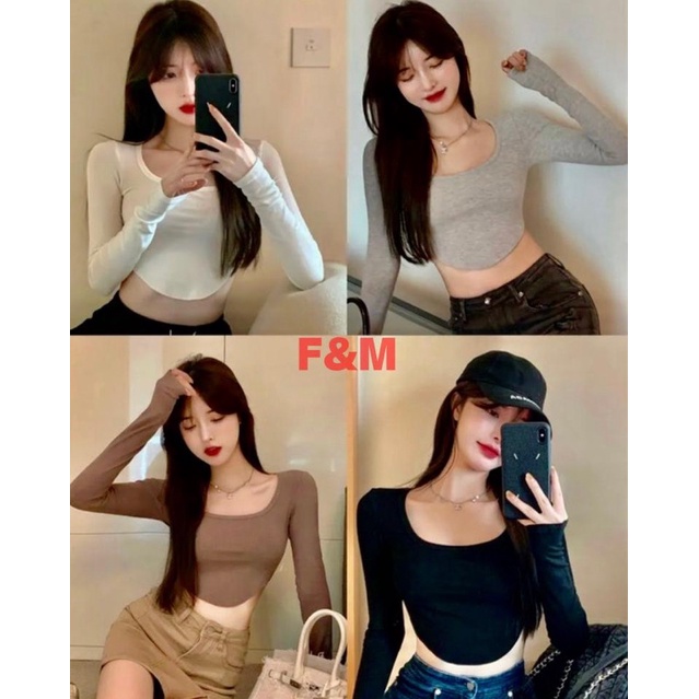 ELNORA BAJU CROP WANITA LENGAN PANJANG FASHION KOREA SPANDEK (FE-54) LEHER KOTAK SQUARE NECK SPANDEK