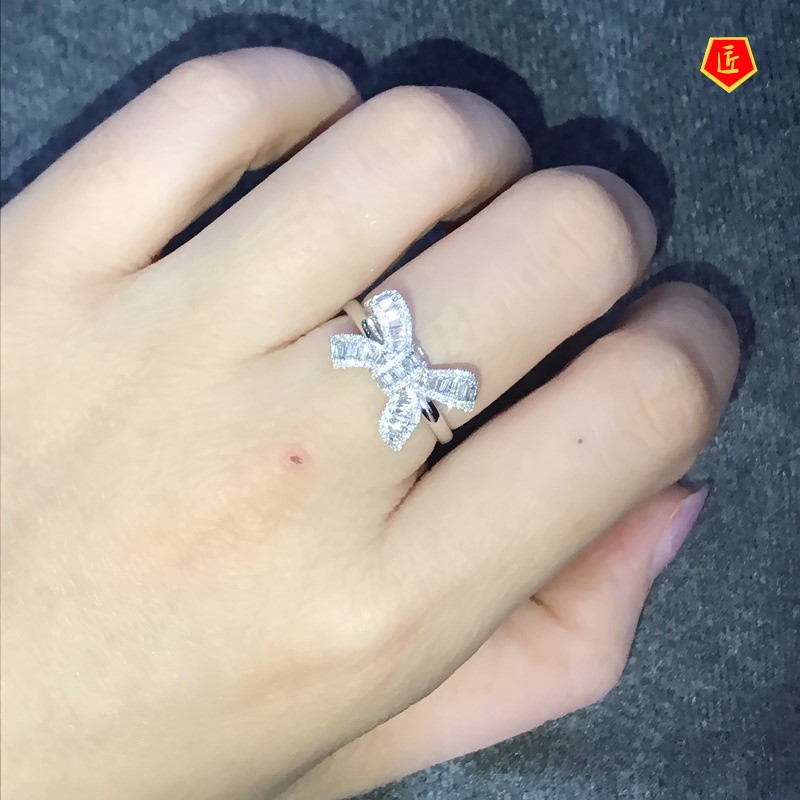 [Ready Stock]Bow Ladder Square Zircon Ring Beautiful Luxury Temperament Female