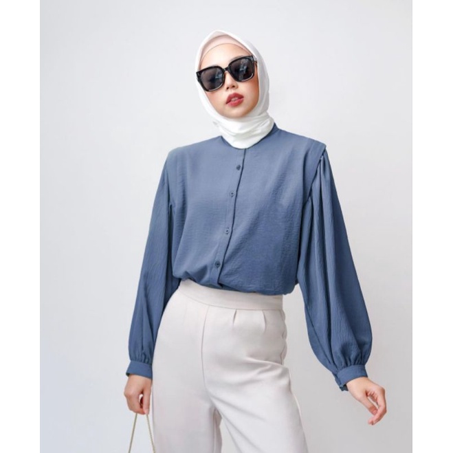 Aisa Blouse Crinkle Fit to XL Premium Kemeja Formal Kerja / River Blouse Crinkle Krah Sanghai Kemeja Wanita Polos-AISA STEEL BLUE