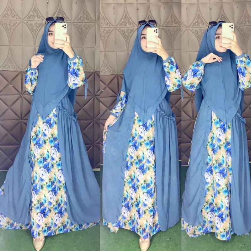 SET GAMIS SYARI CERUTY PRINTING BAJU MUSLIMAH CANTIK MOTIF BUNGA KHIMAR BABYDOLL PET ANTEM BUSUI ORI