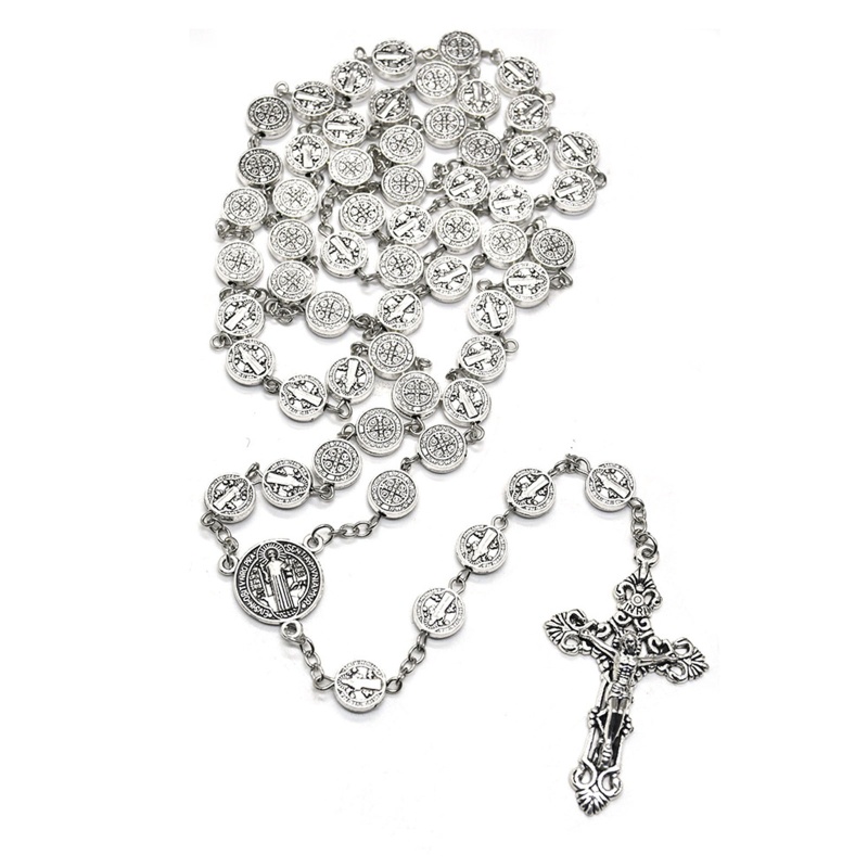 Siy Santo Benediktus Vintage Perak Logam Untuk Salib Rosario Kalung Doa Katolik High Quality Christ Prayer Beads Neckl