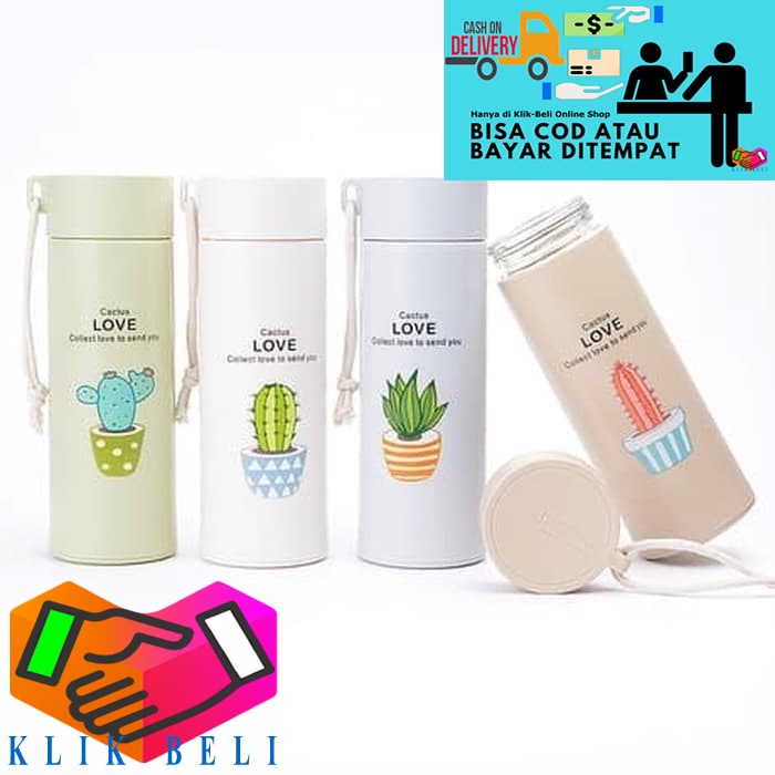 Botol Minum Kaca Motif Kaktus 450ml Termos Karakter Bottle Glass