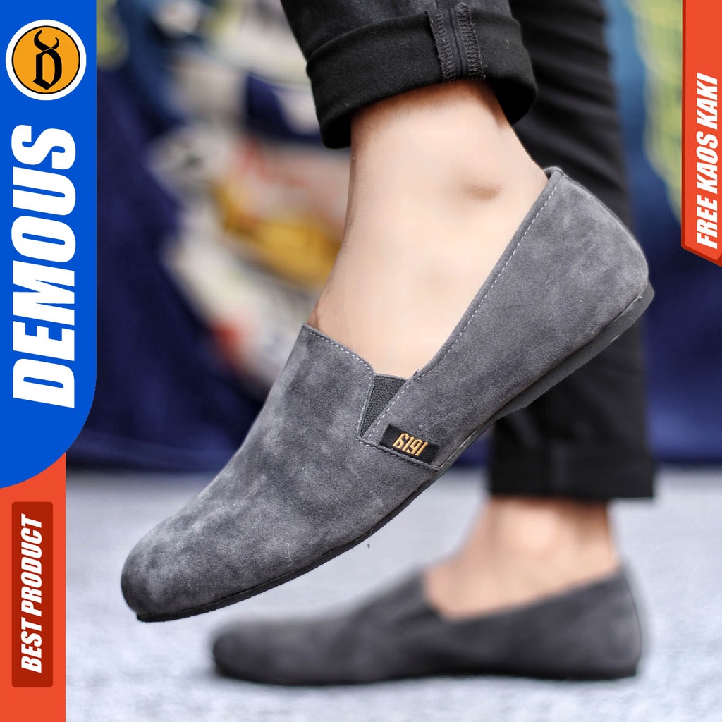 Demous Cord Sepatu Slip On Pria Casual Formal Kulit Suede Kerja Santai Hitam Polos