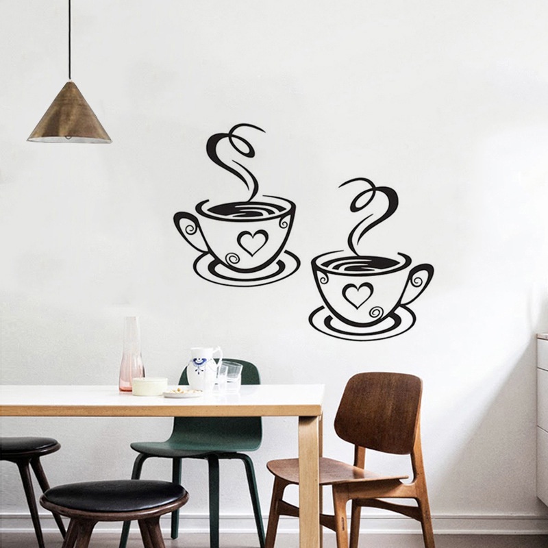 Sepasang Stiker Dinding Desain Cangkir Kopi Warna Hitam Bahan Pvc Tahan Air Dapat Dilepas Untuk Dekorasi Restoran