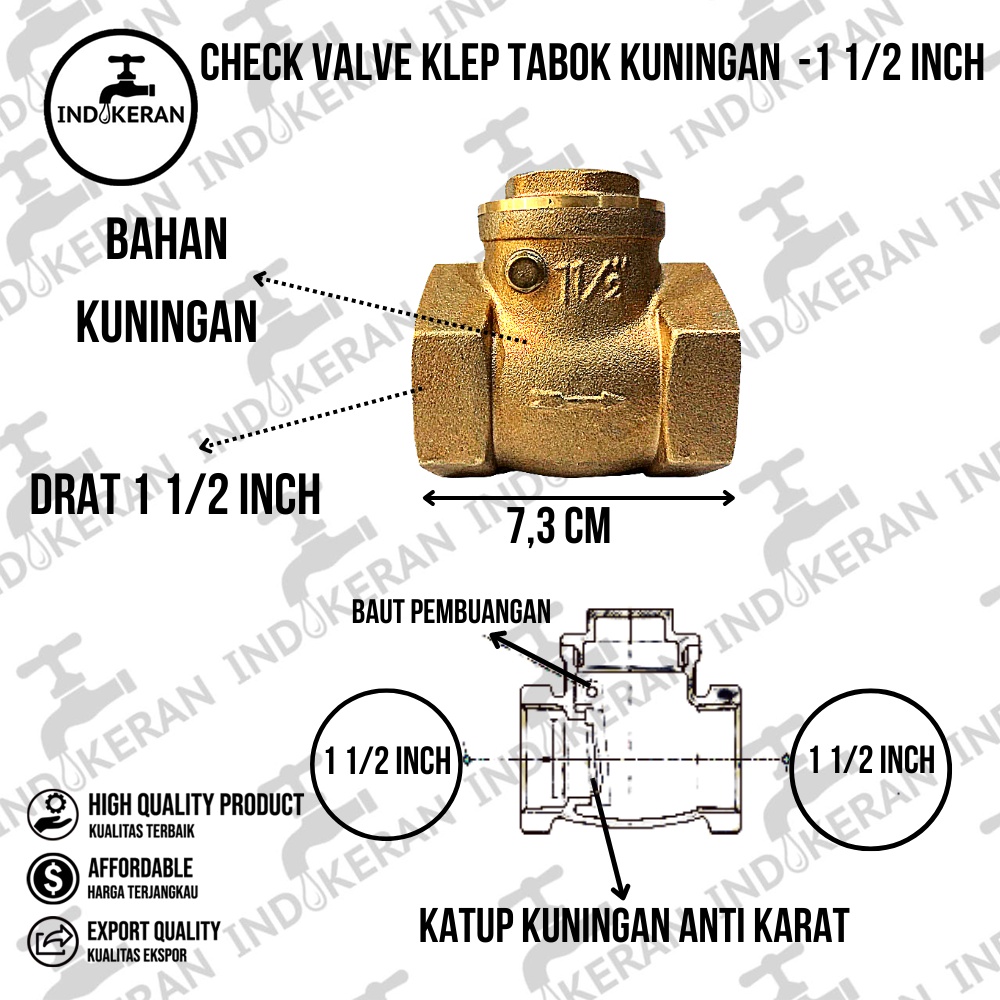 INDOKERAN - Check Valve Klep Tabok Kuningan - 1 1/2 Inch