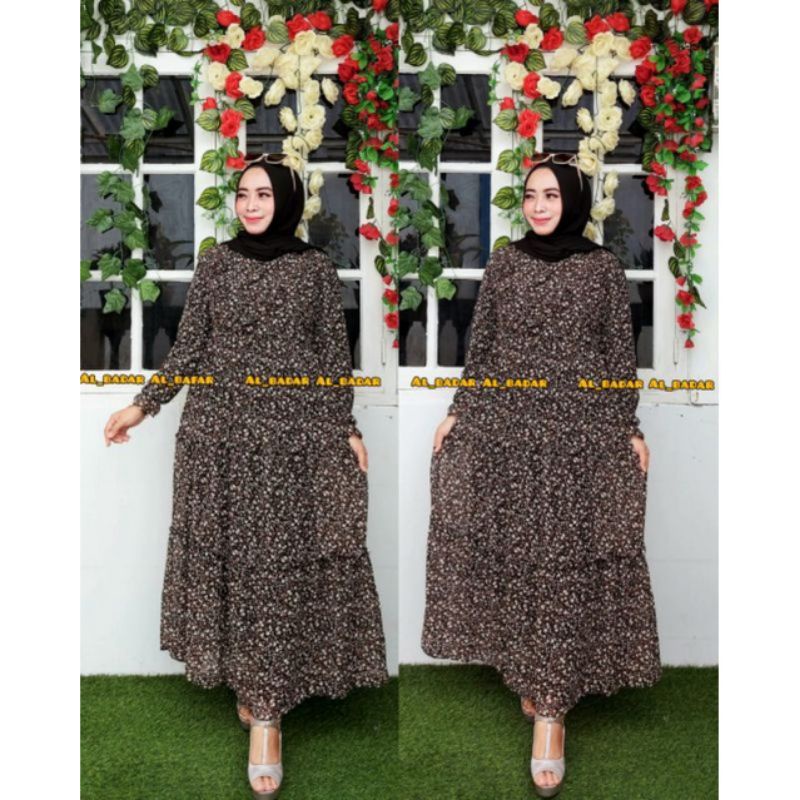 GAMIS CERUTY BABY DOLL MOTIF BUNGA REMPEL VI GAMIS MODEL TERBARU GAMIS MOTIF BUNGA KOMBINASI POLOS