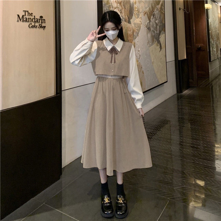 (Ready)Korean Fake Two-piece Long Sleeve Dress French Retro