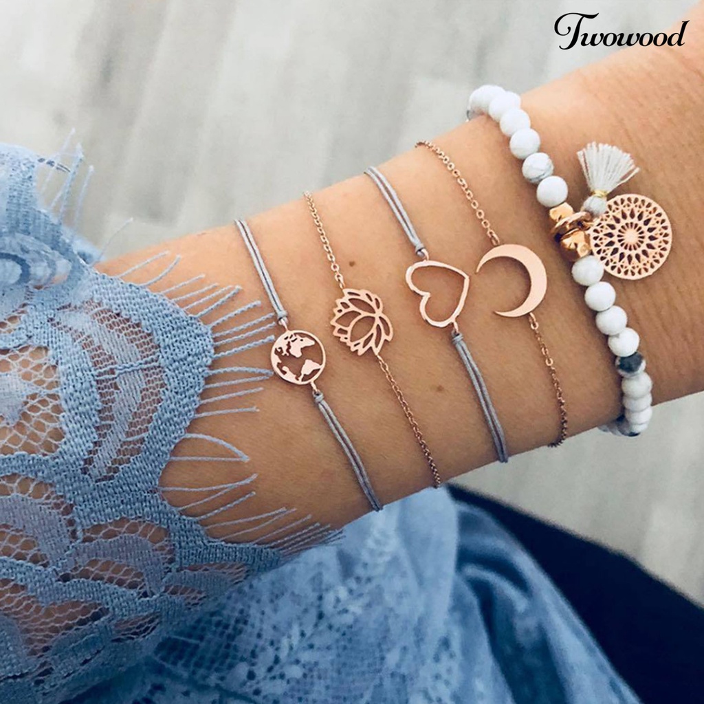 5pcs Gelang Gaya Bohemian Adjustable Stackable Untuk Wanita