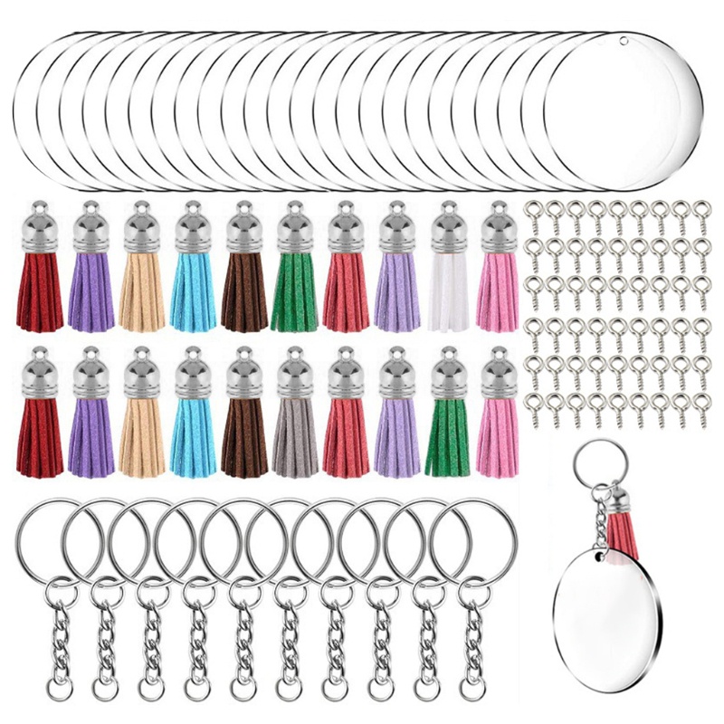 SIY  200 Pcs Acrylic Keychain Blanks Kit for DIY Projects Crafts with Key Rings Jump Rings Round Clear Discs Circles Colorful Tassel Pendants