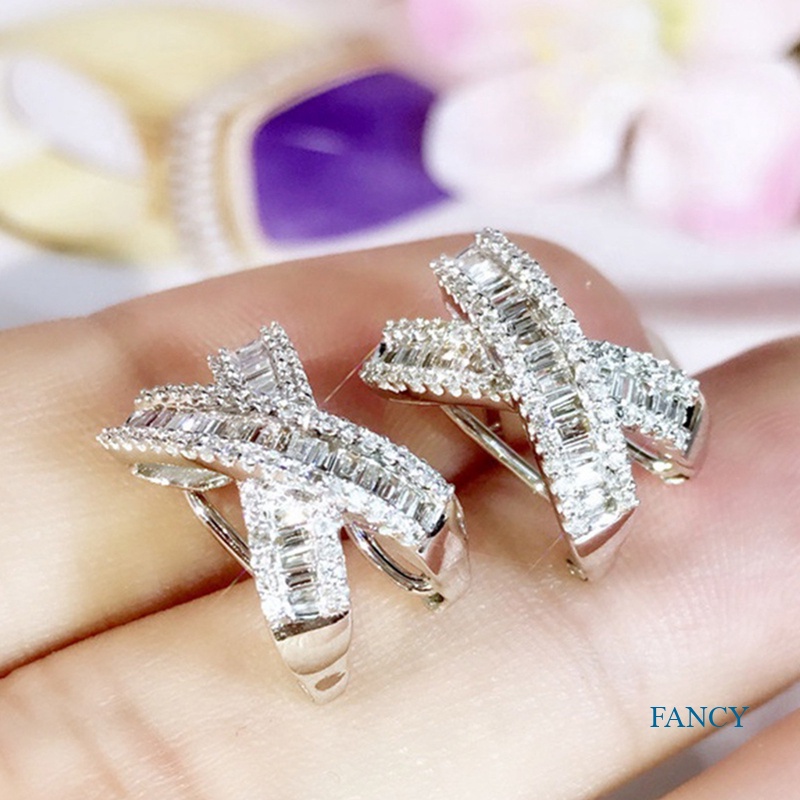 Anting Stud Cubic Zirconia Bentuk X Warna Putih Untuk Wanita