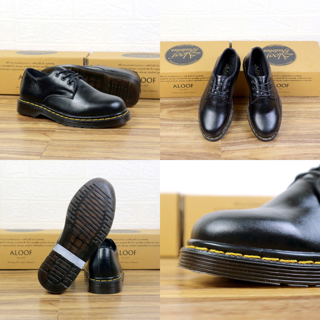 37-45 Aloof Delow - Sepatu Formal Unisex Kulit Asli Model Docmart 3 Hole Pria Wanita-Hitam