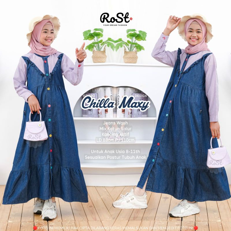 chilla maxy anak perempuan jeans wash - gamis anak tanggung bahan levis - dres anak perempuan remaja