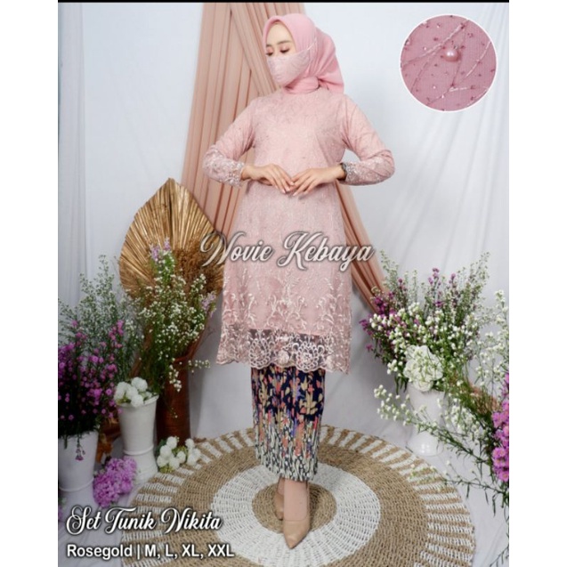 ( REALPICT ) Kebaya Tunik Tulle Bordir - Kebaya Novie Kebaya - Kebaya Modren - Set Kebaya Brukat-Rose gold
