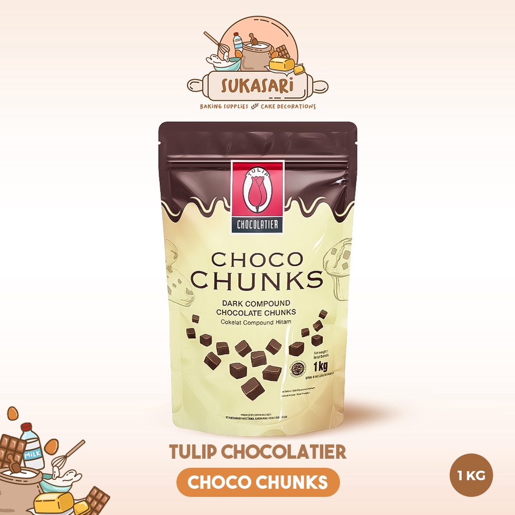 

Sukasari - Choco Chunk Tulip Chocolatier 1kg / Ziplock Pack Coklat Kubus / Dark Compound Chocolate DCC / Coklat Masak