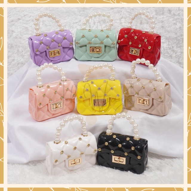 Tas Jelly Glossy Mini Diamond Pearl | Tas Selempang Mini Fashion |  Jelly Glossy Mutiara Diamond