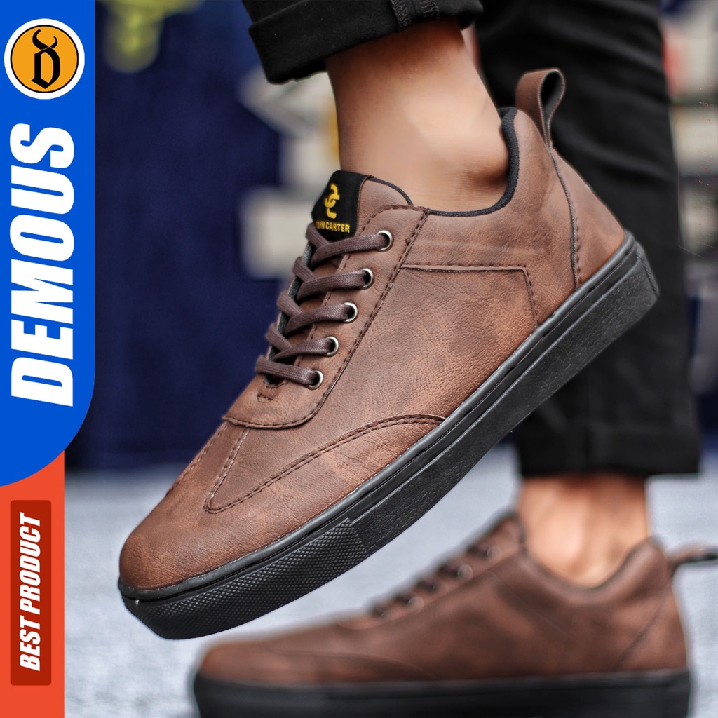 Sepatu Sneakers Pria Sepatu Casual Pria Kulit Pu Sepatu Kerja Kuliah Kondangan Sepatu Hitam Pria DEMOUS JIMUAT