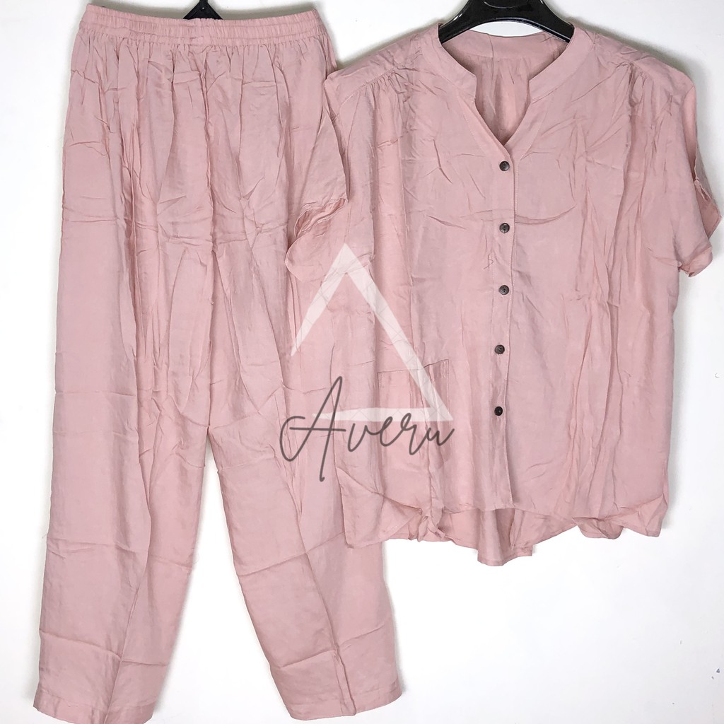 JUMBO Baju Tidur Wanita Piyama Setelan Rayon CP Celana Panjang - Polos-Soft Pink