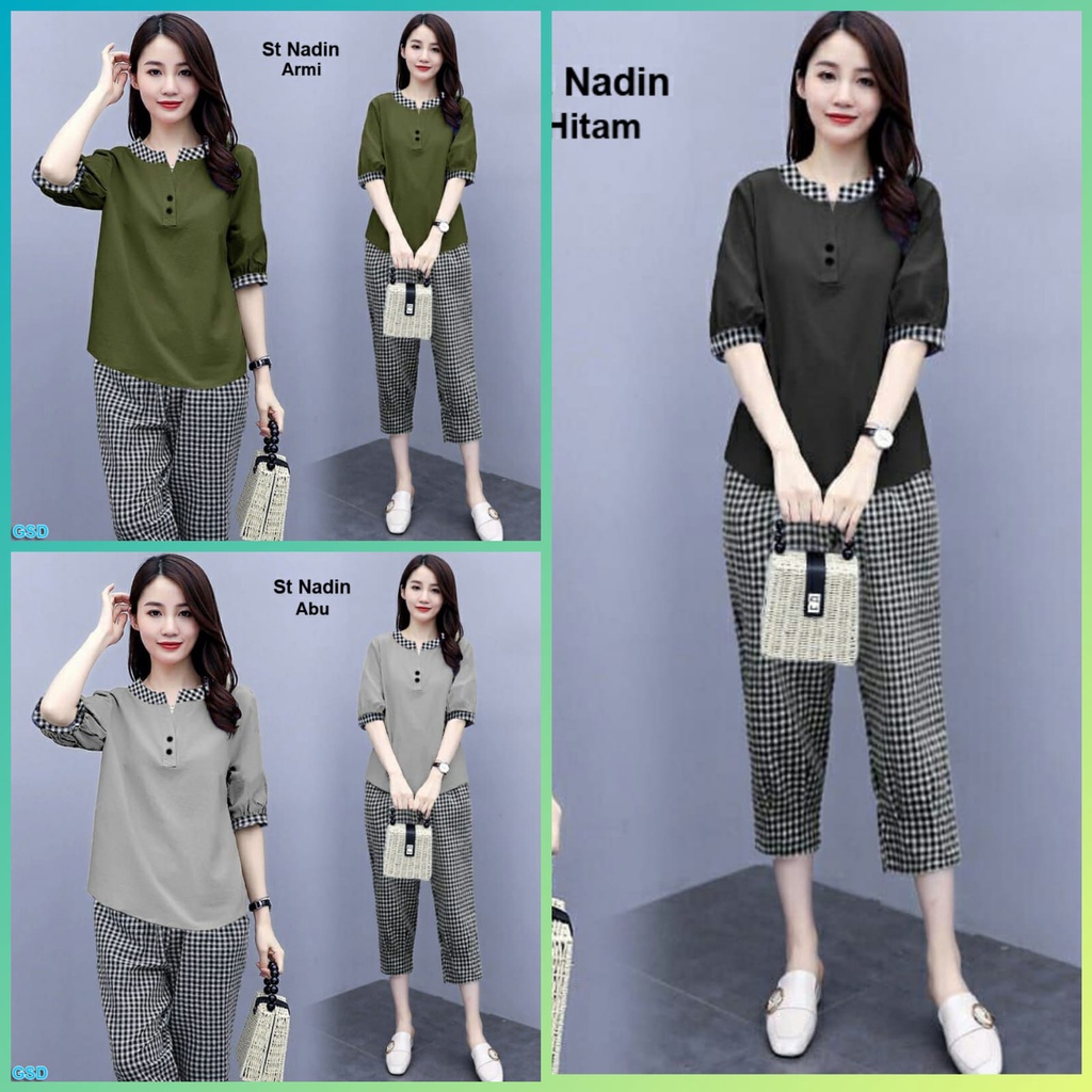 Set Nadin1/set wanita/set celana wanita/setelan celana panjang/setelan celana kotak/setelan blus cew