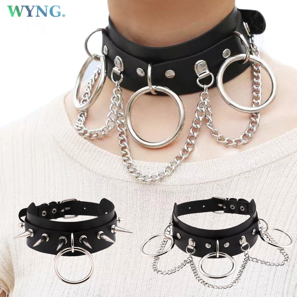 Kalung Spike Punk Metal Rings Kulit Duri Rantai Necklace Leather Gesper Rock Rocker Doggy Dog Anjing