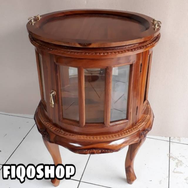 MEJA TEH BULAT KAYU JATI FREE NAMPAN