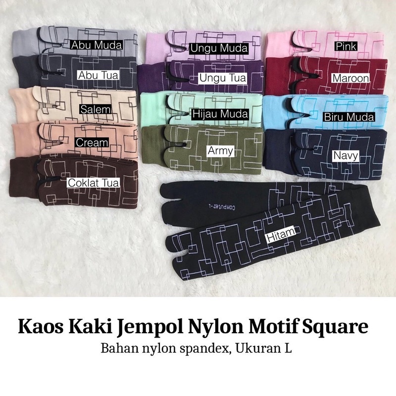 NOKEMAS 12 Pasang Kaos Kaki Jempol Nylon Motif Square / Kotak