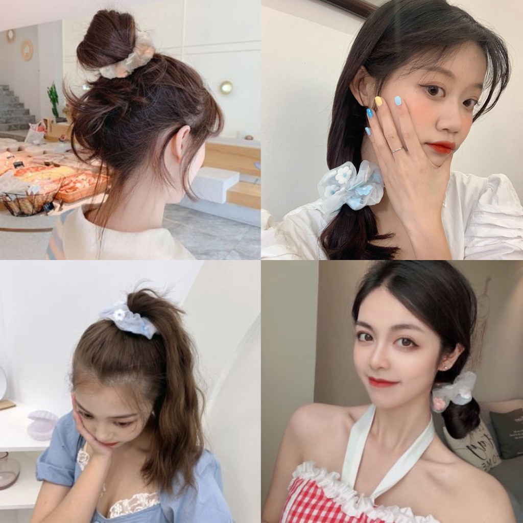 3SP | ART33 Ikat Rambut Scrunchie Aneka Warna Model Transparan Motif Kotak-Kotak Bunga Daisy Ikat Rambut Wanita Anak Anak Dewasa Ikat Rambut Bunga