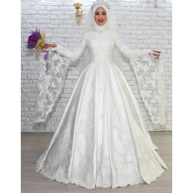 ‎Mewah Muslim A Line Gaun Pengantin Leher Tinggi Lengan Flare Panjang Lace Satin Pengantin Gaun Arab