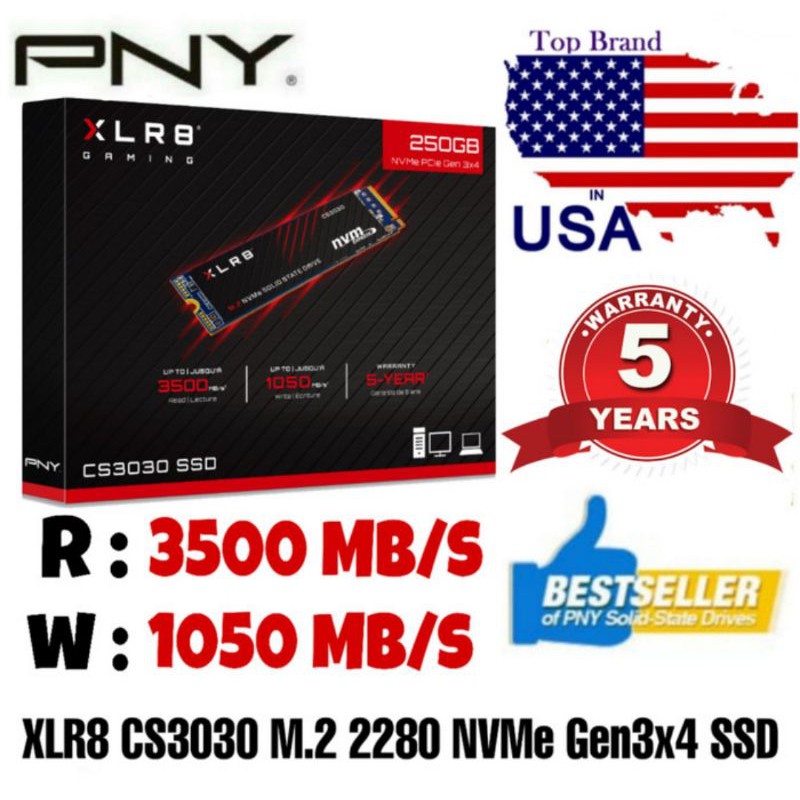PNY XLR8 CS3030 SSD 250GB M.2 SATA PCIE GEN3X4 - R 3500MB/S W 1050MB/S