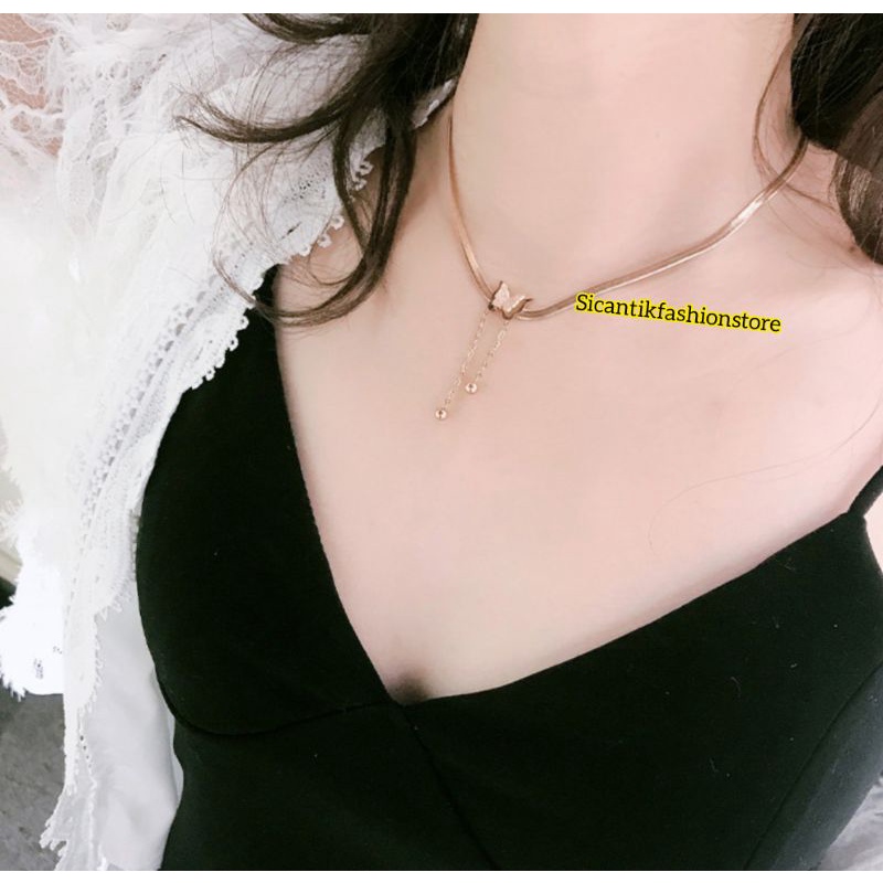 Kalung Titanium Rose Gold Liontin Kupu kupu Fashion Wanita Terlaris anti Karat Tidak luntur liontin