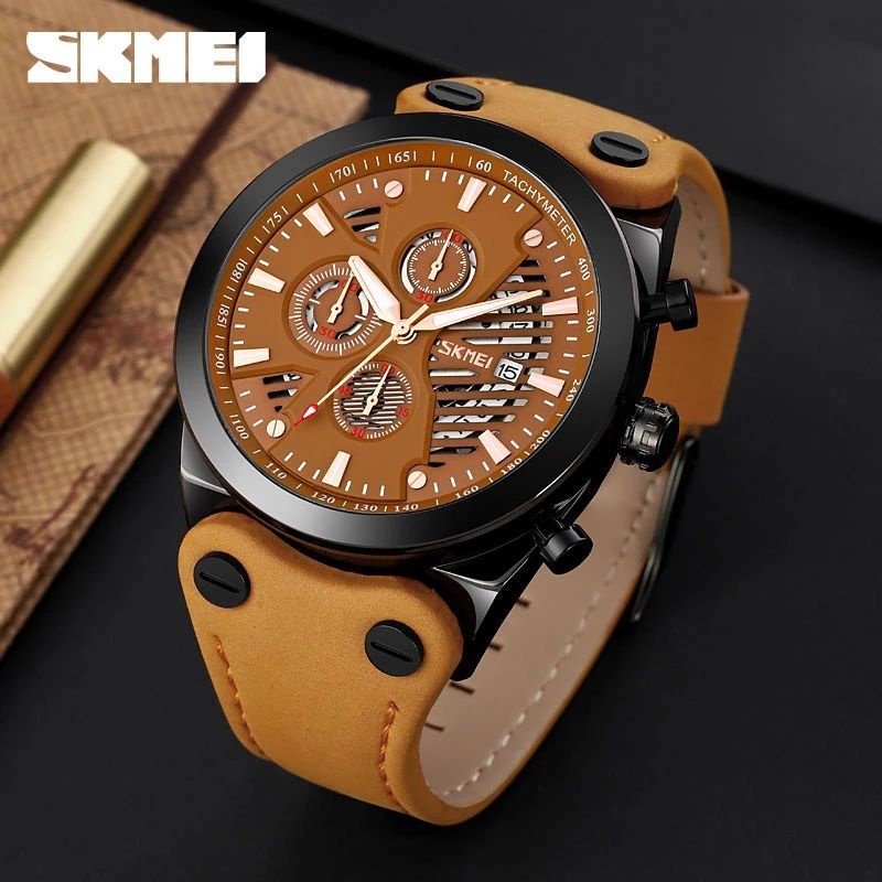 SKMEI 9282 Jam Tangan Pria Analog Chronograph Tali Kulit WATCHKITE WKOS