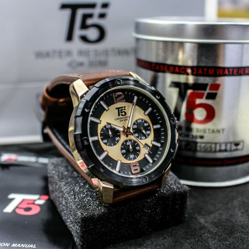 Jam Tangan Pria T5 H-3487 Chronograph Stopwatch Water Resistant Leather Original lengkap box kaleng