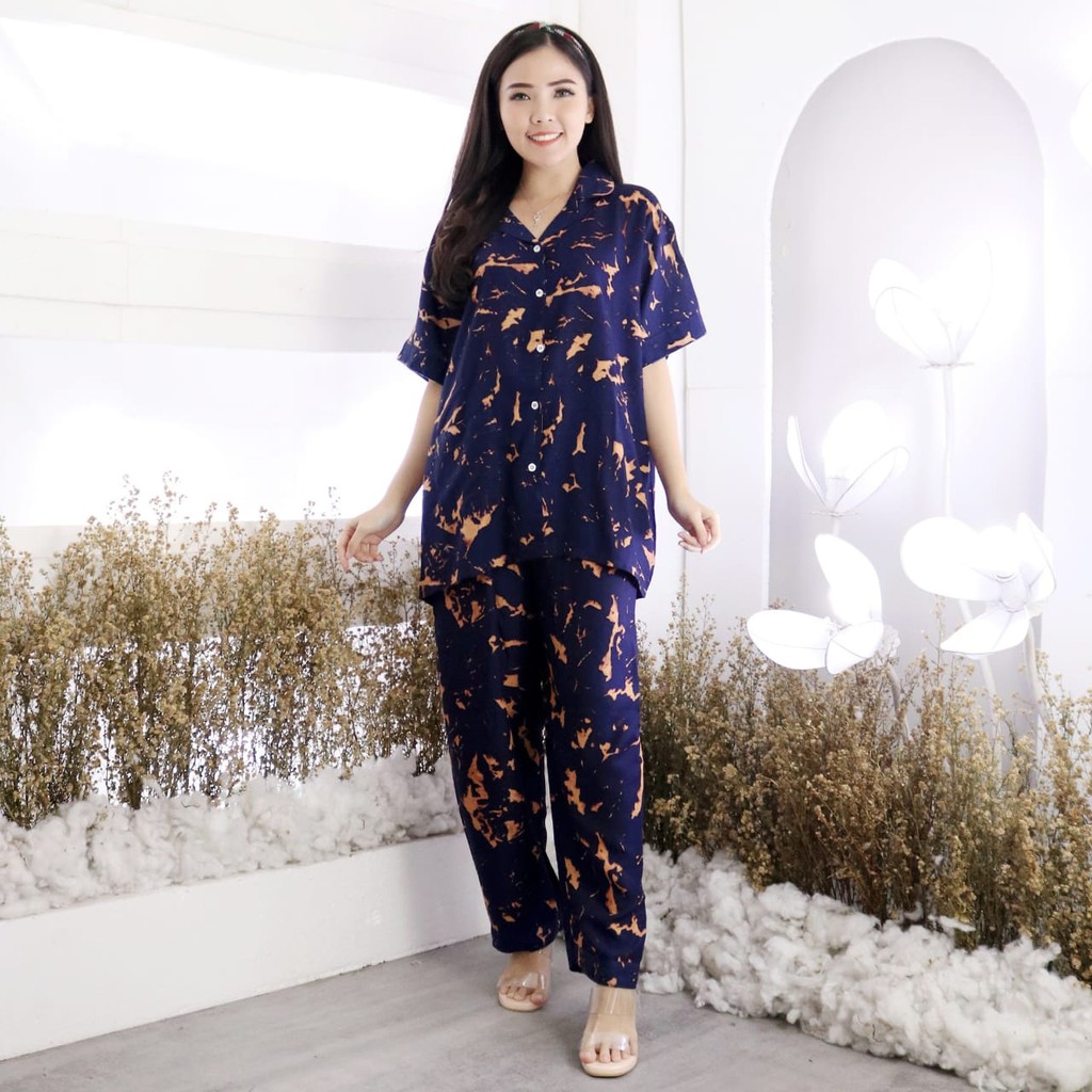 Set Piyama Tie Dye CP Collection 5 Baju Tidur Rosei Eyza Myda Dara & Caris / Motif Tie Dye-CP CARIS NAVY