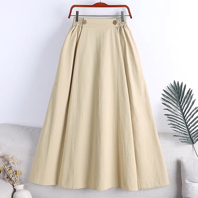 SKIRT PANJANG KOREA - NATHAS SKIRT POLOS LINEN SIZE BESAR KANCING KERUT - BAWAHAN WANITA JUMBO<-Cream