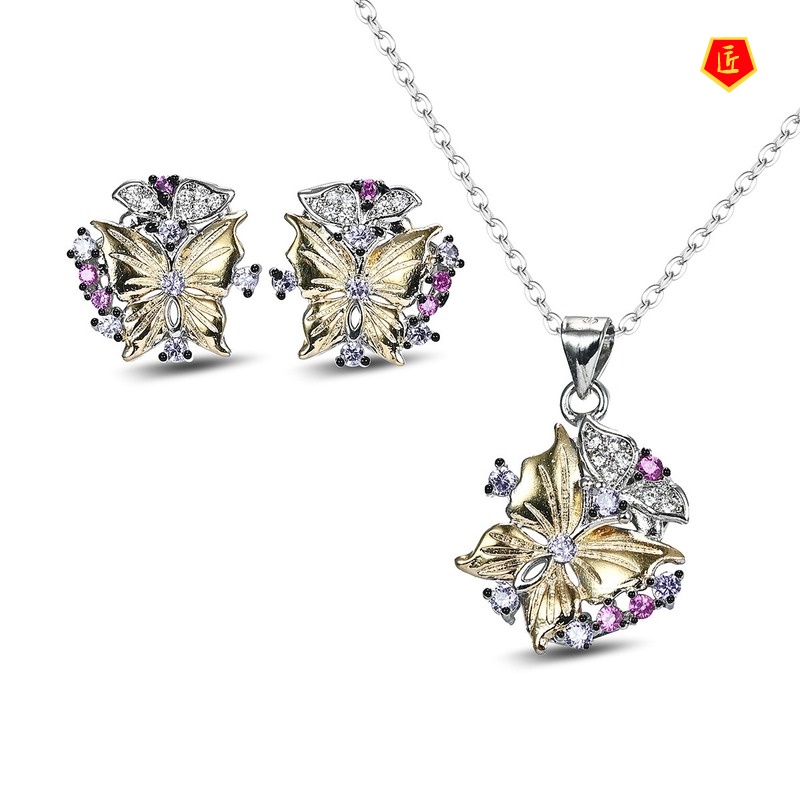 [Ready Stock]18K Gold Two-Color Butterfly Pendant Full Diamond Earrings Set