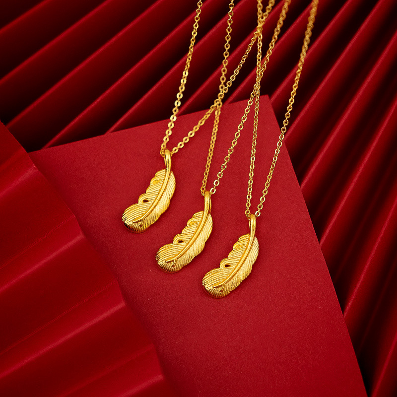 Kalung Rantai Dengan Liontin Bulu Warna Emas Gaya Korea Untuk Wanita 916