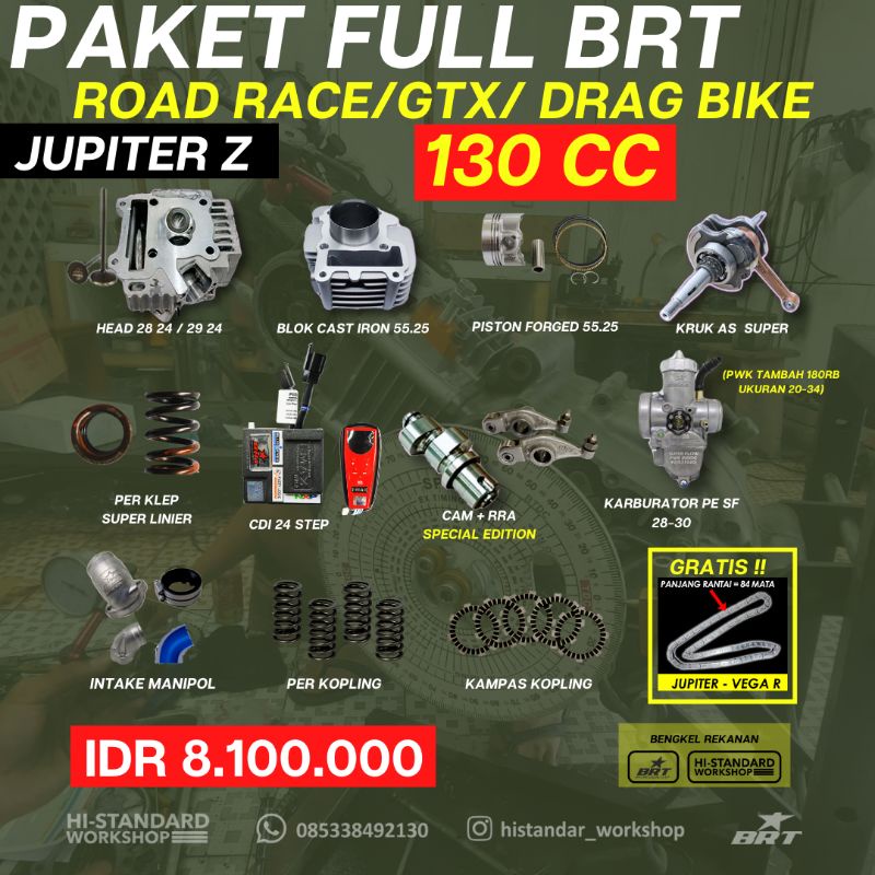 PAKET FULL BRT JUPITER Z HEAD PORTING CNC 
BLOK+PISTON FORGED BRT
KRUK AS
PER KLEP BRT
CDI 24STEP
KA