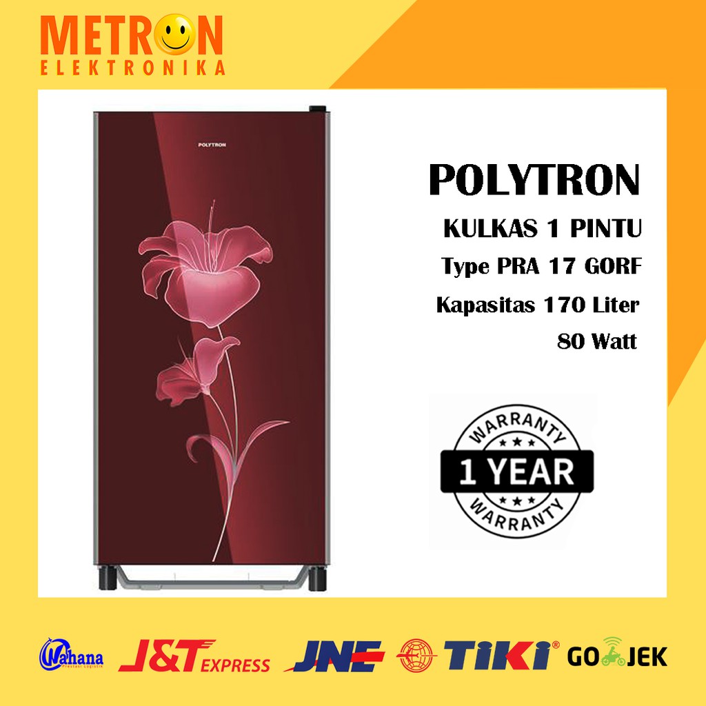 POLYTRON PRA 17 GORF MARON MERAH KULKAS 1 PINTU 170 LT LITER TEMPERED GLASS PRA17GORF