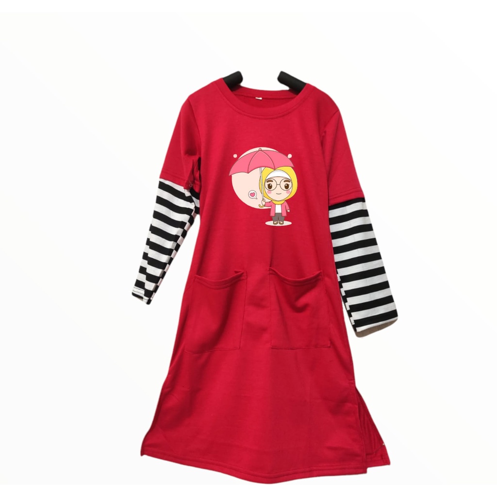 Ligimikids Gamis Anak Perempuan bahan kaos lengan kombinasi usia 3-10 tahun