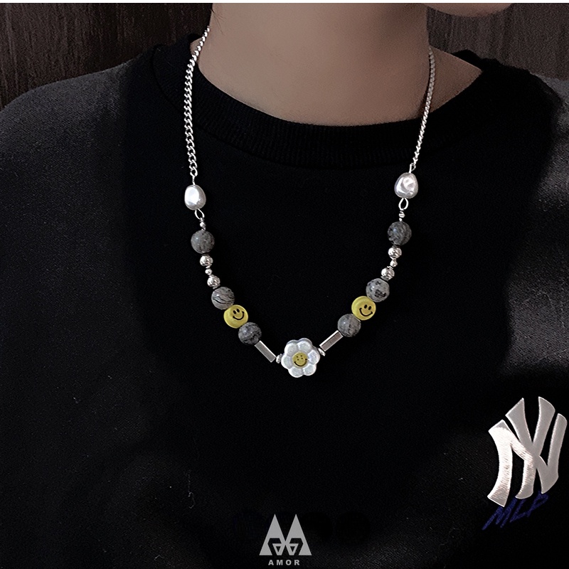 Kalung Rantai Manik-Manik Desain Bunga Matahari Tersenyum Gaya hip hop Untuk unisex