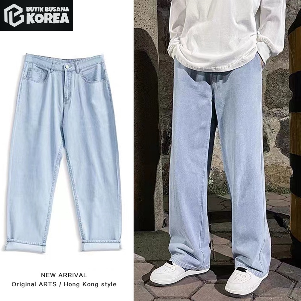 celana jeans pria korean style jeans biru muda pria loose jeans santai straight pants kulot jeans celana panjang pria