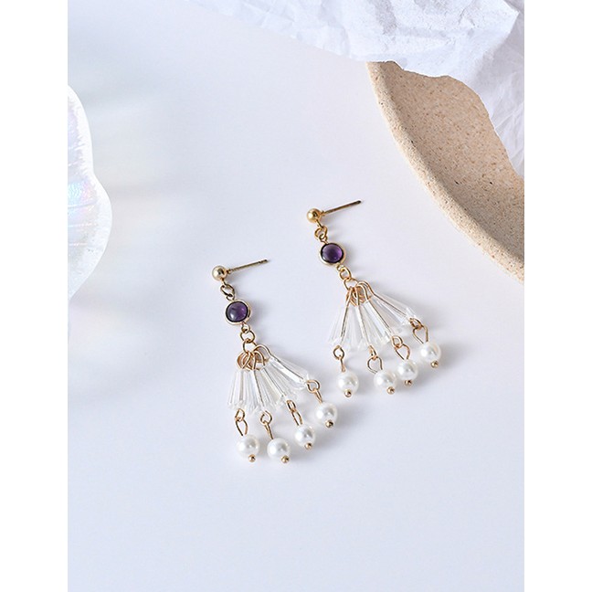 LRC Anting Tusuk Fashion Gold Pearl Crystal Fringed Rhinestone Earrings D06109