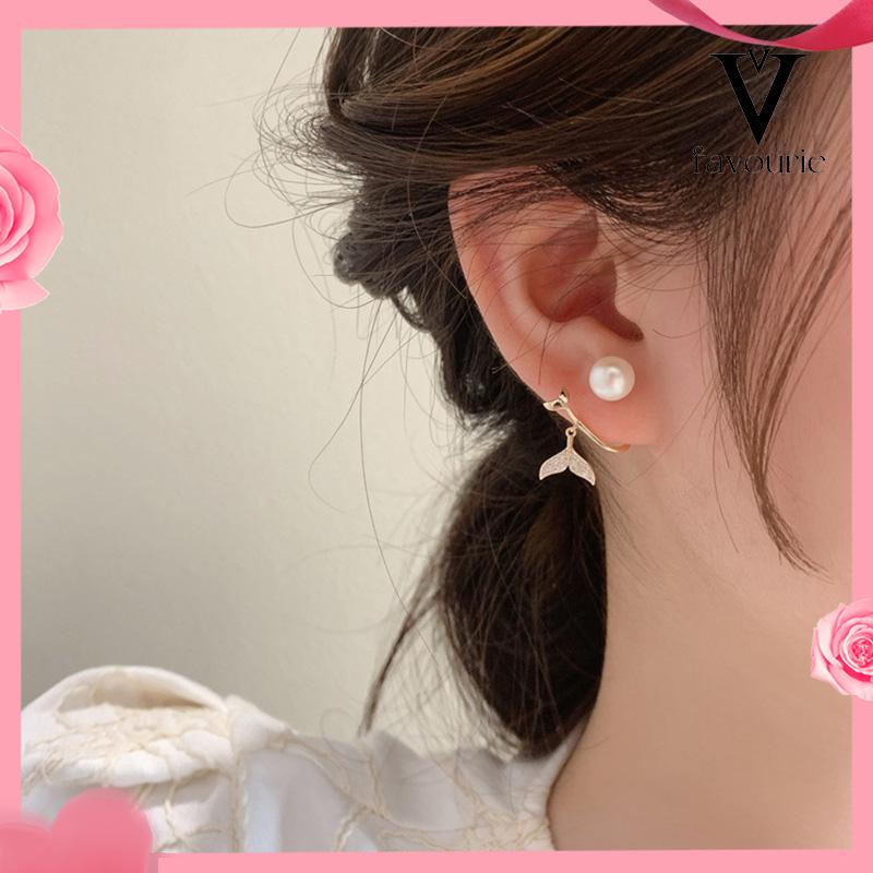 [COD]Pearl Fishtail Back Hanging Earrings Wanita High-end Cahaya Mewah Penuh Berlian Anting Geometris-FA