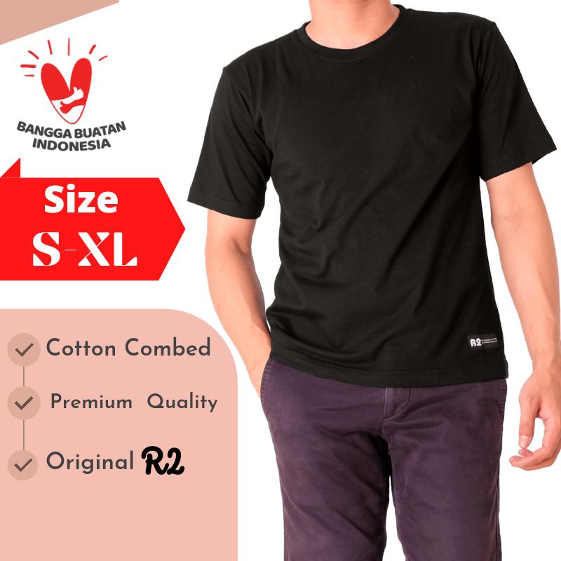 Baju Kaos Oblong Pria Polos Lengan Pendek Hitam Tshirt Cowok Distro Keren Original R2