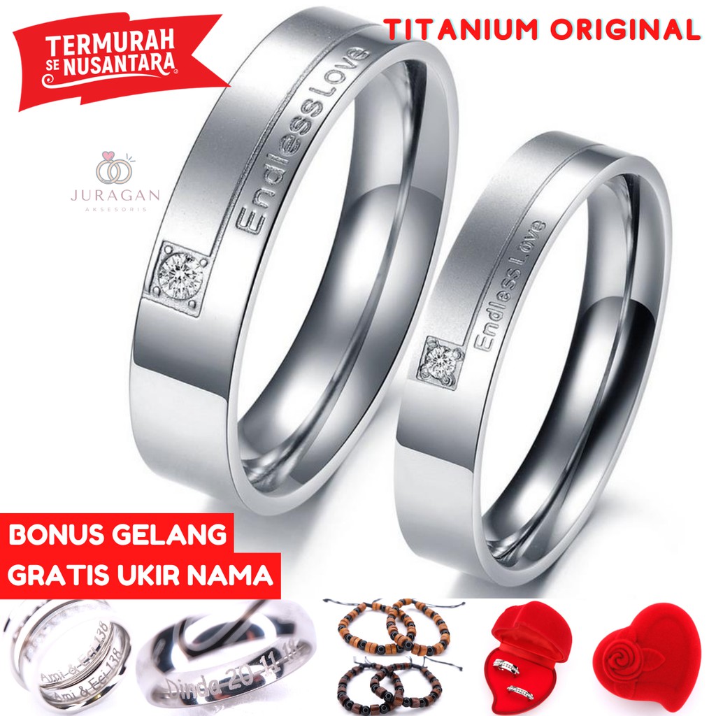 AILOVIU Cincin Couple UKIR NAMA R66 Titanium Silver Putih Kawin Tunangan High Quality + BONUS Gelang Couple