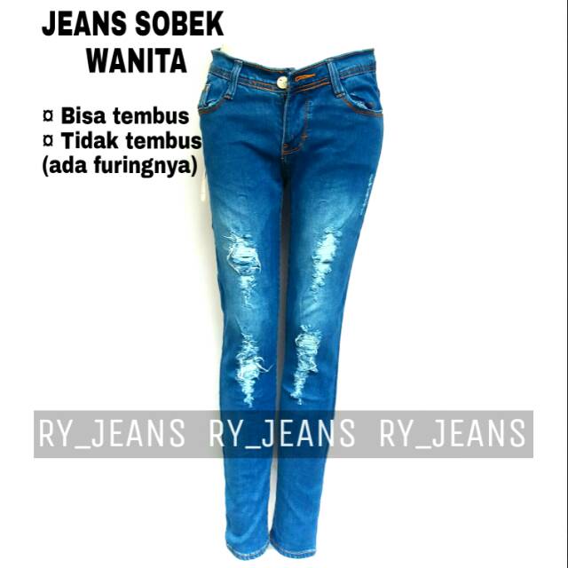 Celana jeans sobek wanita ripped jeans biru skinny streeth